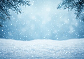 Dreamy winter background with falling snow, snowy foreground, and pine branches framing the cool blue light