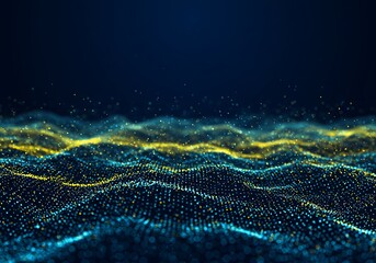 Abstract digital wave with flowing particles, dark blue and gold background suitable for