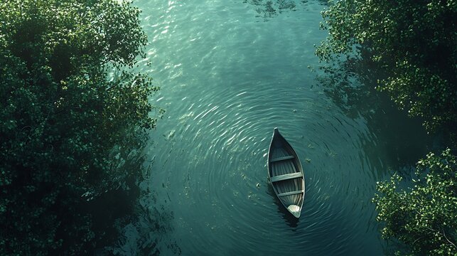 Serene waterway scene featuring a solitary boat, surrounded by lush trees