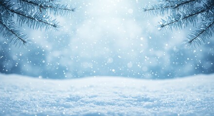 Dreamy winter background with falling snow, snowy foreground, and pine branches framing the cool blue light