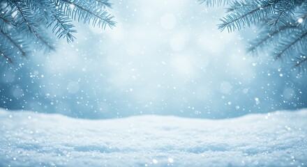 Dreamy winter background with falling snow, snowy foreground, and pine branches framing the cool blue light