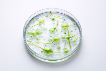 Bacterial culture in agar petri dish isolated on white background. Laboratory microbiology experiment showing bacterial colonies for medical or scientific research.