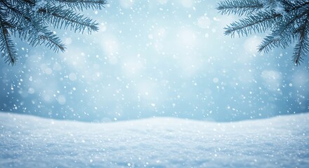 Dreamy winter background with falling snow, snowy foreground, and pine branches framing the cool blue light