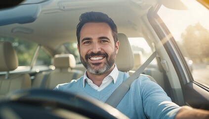 Man car driving confident male face closeup with natural warm lighting