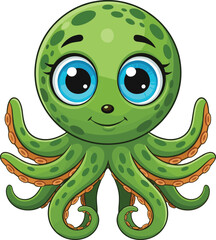 Cartoon green octopus illustration, cute sea animal with big eyes, orange suction cups, children’s content, marine character, vector drawing
