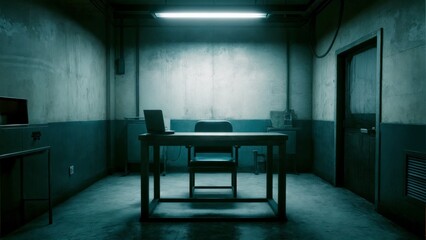 An empty, dimly lit interrogation room with a single chair. Interrogation, psychological thriller, suspenseful scene, legal.