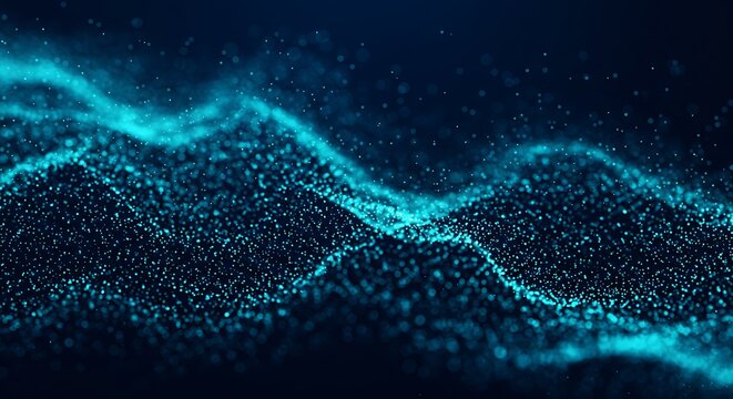 Abstract turquoise digital flowing particle wave, modern technology background