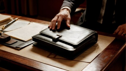 A person's hand reaching for a briefcase in a dark room. Conspiracy, secret meeting, briefcase, mystery, thriller.