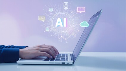 AI laptop hands typing with artificial intelligence digital network display