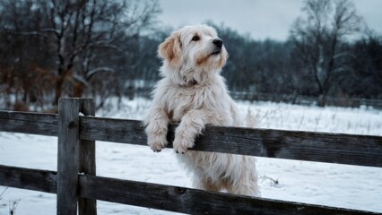 A dog puts his paw on a wooden fence and stands in the hay to look at the camera