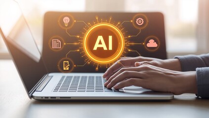 AI laptop hands working scene showing artificial intelligence system icons