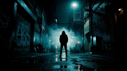 A figure in a black hoodie in a dark alley. Anonymity, urban crime, mystery, suspense.