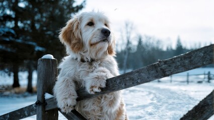 A dog puts his paw on a wooden fence and stands in the hay to look at the camera