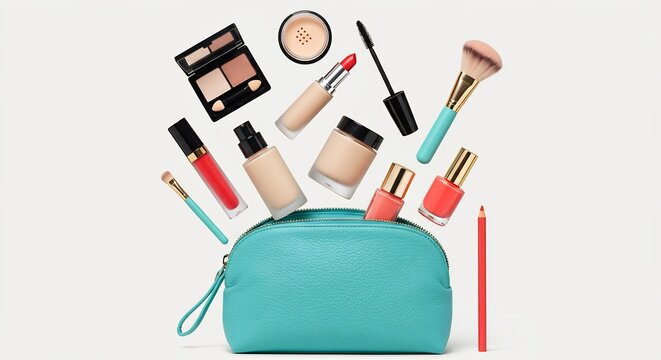 Teal makeup bag with a variety of beauty products like lipstick, foundation, and nail polish floating on a white background.