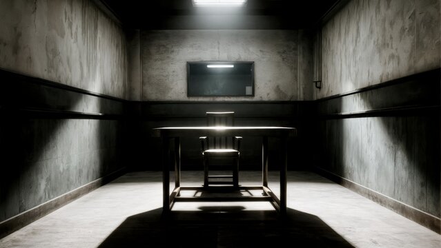 An empty, dimly lit interrogation room with a single chair. Interrogation, psychological thriller, suspenseful scene, legal.