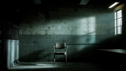 An empty, dimly lit interrogation room with a single chair. Interrogation, psychological thriller, suspenseful scene, legal.