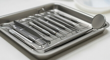 A set of professional, sterilized dental instruments neatly arranged on a stainless steel tray in a clinic.