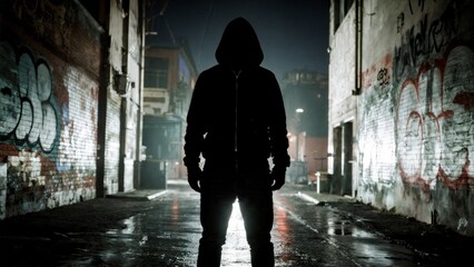 A figure in a black hoodie in a dark alley. Anonymity, urban crime, mystery, suspense.