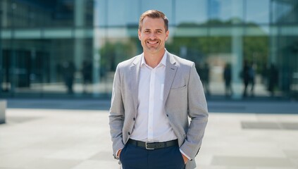 Business man office corporate employee standing near modern workplace building