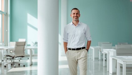 Business man office indoor standing employee in formal work clothes