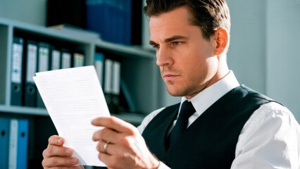 A person looking at a document with a serious expression. Investigation, legal documents, evidence, strategy