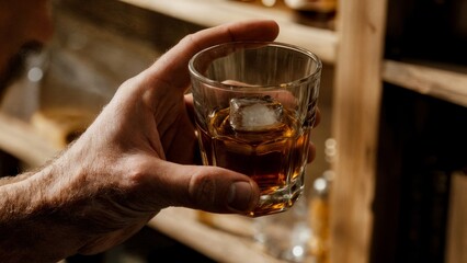 A close-up of a person's hands holding a glass of whiskey. Whiskey tasting, spirits, elegance, sophisticated.