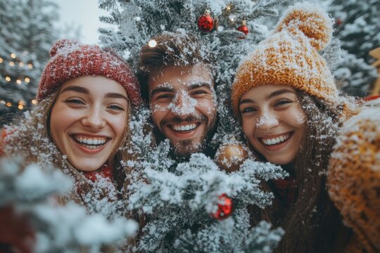 people smiling and holding a Christmas tree.