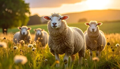 Sheep in a golden field at sunset