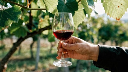 A person's hand holding a glass of red wine in a vineyard. Wine tasting, vineyard, nature, relaxation, luxury.
