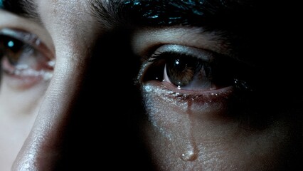 A person's face partially obscured by shadow, with a single tear. Regret, guilt, criminal, consequences, legal.