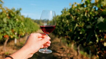 A person's hand holding a glass of red wine in a vineyard. Wine tasting, vineyard, nature, relaxation, luxury.