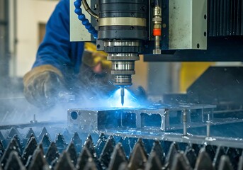 Industrial CNC Plasma Cutting Machine in Action at Metal Fabrication Shop welder working in the factory, Close-up view water jet machine at work. Cnc water jet cutter for metal fabrication. Metal cutt