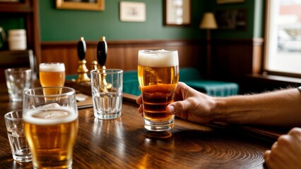 A person's hand holding a pint of beer with foam on top. Beer, pub, casual, fun, friends