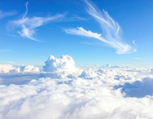 Aerial View of White Clouds Under Bright Blue Sky Panorama Featuring Wispy Cloud Formations and Cumulus Masses for Peaceful Atmospheric Scene