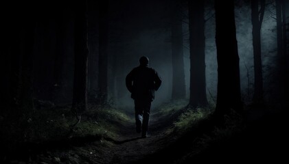 A person running in a dark forest at night. Fugitive, escape, chase, crime, thriller.