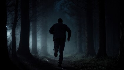A person running in a dark forest at night. Fugitive, escape, chase, crime, thriller.