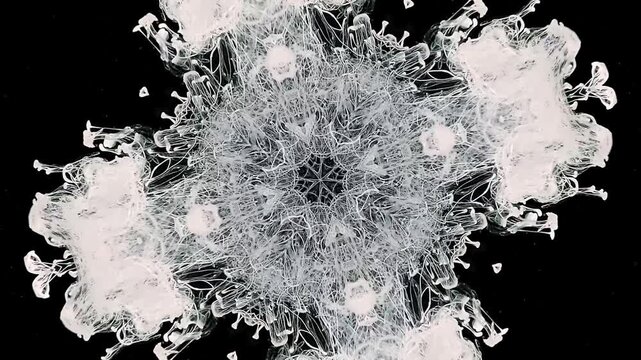 A rotating kaleidoscope of white ink on a black background. The infinite energy of a black hole. Blurred background. Fancy abstract screensaver.