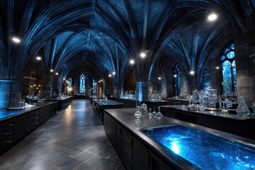 Fototapeta premium Historic gothic laboratory with intricate architecture and mystical lighting at night