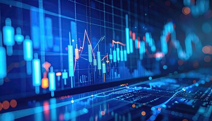 A digital financial chart with candlesticks and a grid in shades of blue and orange