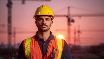 Construction Worker Man on Job Site with Helmet Vest and Evening Sky