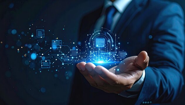 A person in a suit holds a glowing network of digital data