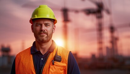 Construction Worker Man Wearing Safety Helmet and Vest at Building Site Sunset
