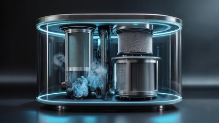 Futuristic Air Purifier with Glowing Blue Lights and Visible Filtration System.