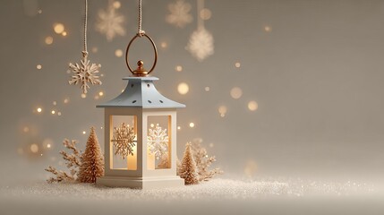 3D decorative lantern with snowflake cutouts on a plain background, soft glow, minimalist festive decor, high resolution isolated for holiday cards invitations packaging mockups web and print