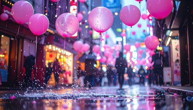Pink balloons float above a wet city street with pedestrians. Reflections shimmer - Powered by Adobe