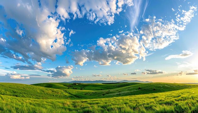 Lush green fields roll toward the horizon beneath a vibrant, cloudy sky