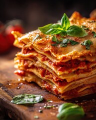 Lasagna Stack on Wood Board with Basil Garnish