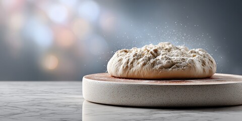 A round board half-covered in flour on a clean, light-colored granite counter. The background is a soft, bright blur with a sense of motion