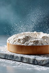 A round board half-covered in flour on a clean, light-colored granite counter. The background is a soft, bright blur with a sense of motion