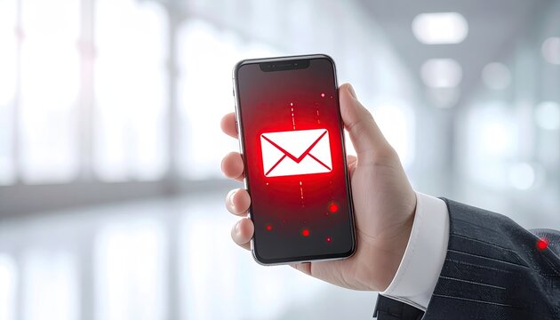 Hand holding smartphone with glowing email icon against a blurred background